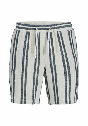 Pantalones cortos blancos con rayas verticales en azul marino, que cuentan con una cintura elástica con cordón. Hechos de una tela texturizada y ligera.
