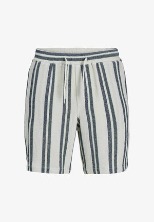 Baltie šorti ar tumši ziliem vertikāliem svītrām, aprīkoti ar elastīgu jostasvietu un auklu. Izgatavoti no teksturēta, viegla auduma.