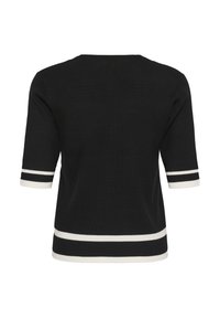 Schwarzes Strickoberteil mit kurzen Ärmeln und weiß-schwarz gestreiftem Saum an Ärmeln und Bund, Rückansicht.