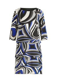 Schwarz-weißer, grauer und blauer gemusterter Kleid mit Dreiviertelärmeln, runder Ausschnitt und geschichteter Saumgestaltung. Aus glattem Stoff gefertigt.