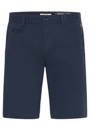 Marineblå shorts lavet af letvægtsstof. Har en knap og en klaplomme foran, med lige snit og syede kanter.