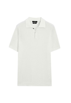 Polo bianca a maniche corte con trama a maglia, colletto piatto e patta con due bottoni. Dettaglio di cucitura sottile sull'orlo.