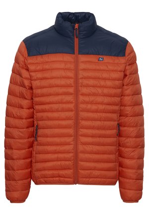 Padded orange jacket with a navy blue collar and upper section, featuring horizontal quilting, a front zipper, and side pockets.