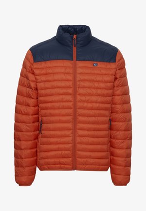 Padded orange jacket with a navy blue collar and upper section, featuring horizontal quilting, a front zipper, and side pockets.