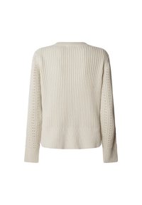 Pull tricot couleur crème avec des motifs côtelés et en dentelle, manches longues et un col rond, vu de dos.