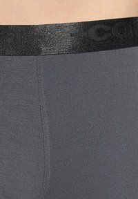 Pantaloni sportivi grigi con una trama liscia e una vita elastica nera con il logo del marchio. Focus su vestibilità e funzionalità.