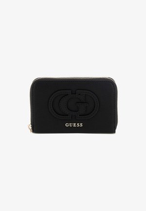 Portefeuille en cuir noir avec logo en relief et quincaillerie dorée, fermeture éclair, forme rectangulaire et surface texturée.