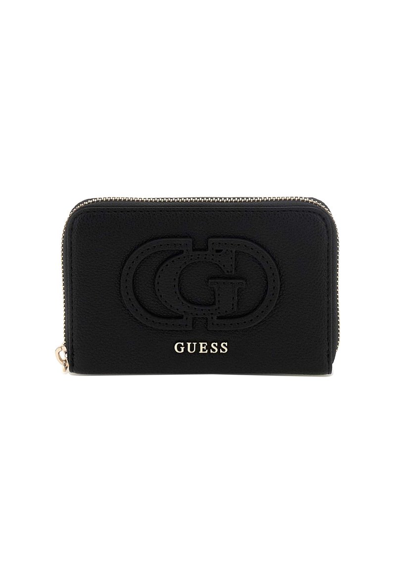 Portafoglio in pelle nera con logo in rilievo e hardware dorato, chiusura con zip, forma rettangolare e superficie texturizzata.