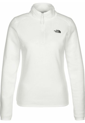 Sudadera blanca de forro polar con mangas largas, cremallera cuartel y logo de The North Face en el pecho izquierdo.