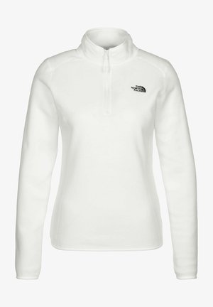 Biały polarowy pulower z długim rękawem, suwakiem do ćwiartki i logo The North Face na lewym biuście.