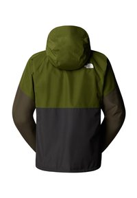 Giacca impermeabile verde e nera con cappuccio, caratterizzata da un design a blocchi di colore e logo sulla parte superiore della schiena. Texture liscia e taglio moderno.