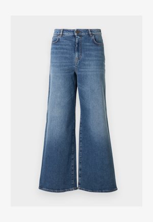 Μπλε τζιν ψηλόμεσο, με φαρδύ πόδι, κλείσιμο με κουμπί και φερμουάρ, εμπρόσθιες τσέπες και απαλή ξεθώριαση στους μηρούς και τα κάτω μέρη των ποδιών.