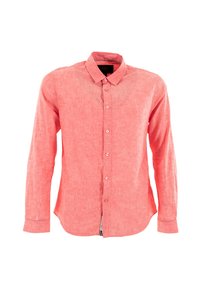 Chemise à manches longues corail en tissu texturé avec un col boutonné, des boutons sur le devant et un ourlet légèrement arrondi.