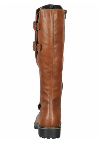 Botte en cuir marron haute jusqu'au genou avec une texture lisse, dotée de deux sangles décoratives et d'une fermeture éclair sur le côté pour un enfilage facile. Semelle en caoutchouc pour une bonne adhérence.