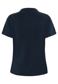 T-shirt blu navy a maniche corte con colletto rotondo, realizzato in materiale morbido, con una texture liscia e un design semplice e classico.