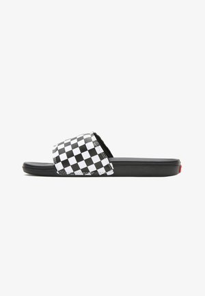 Black and white checkerboard slide sandals with a synthetic upper, flat rubber sole, and textured footbed for grip and comfort.