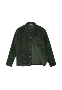 Veste en velours côtelé vert avec un devant à boutons, un col pointu, deux poches latérales et un petit logo d'arbre sur la poitrine. Texture douce.