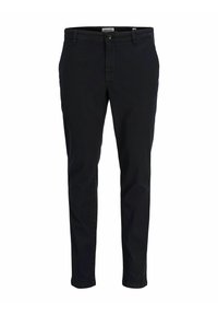 Zwarte katoenbroek met een slim fit, voorzien van een knoop- en ritssluiting, riemlussen en voorzakken. Gladde textuur zonder patronen.