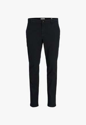 Crne pamučne hlače uskog kroja, s kopčanjem na gumb i patentni zatvarač, petljama za remen i prednjim džepovima. Glatka tekstura bez uzoraka.