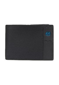 Black wallet made of textured fabric and smooth leather, featuring a blue logo detail and a slim design with card slots.