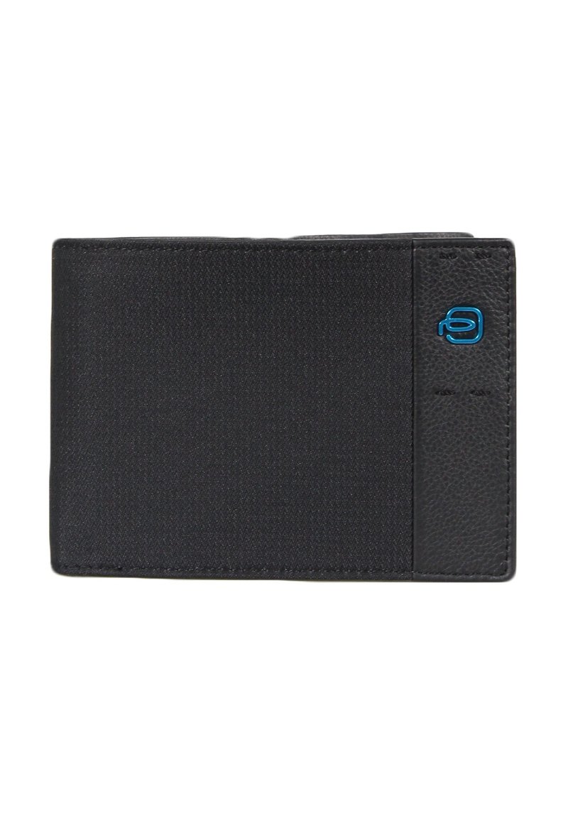 Black wallet made of textured fabric and smooth leather, featuring a blue logo detail and a slim design with card slots.