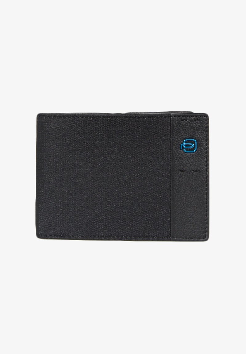 Black wallet made of textured fabric and smooth leather, featuring a blue logo detail and a slim design with card slots.