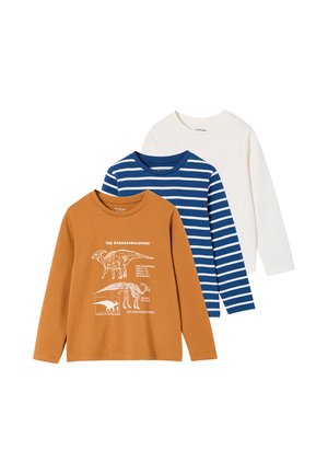 Three long-sleeve children's shirts: one brown with Parasaurolophus dinosaur print, one blue with white stripes, and one plain white.