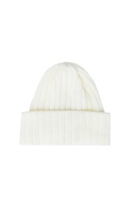 Berretto bianco a coste con bordo pieghevole, caratterizzato da una texture morbida e da un design senza cuciture per una maggiore calore e comfort.