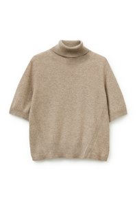 Beige kurzärmeliger Rollkragenpullover mit geripptem Kragen, Ärmeln und Saum, flach auf einem weißen Hintergrund präsentiert.