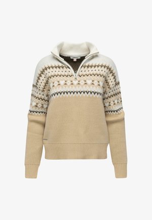 Maglione a maglia beige e bianco con yoke decorato, collo a zip a un quarto, maniche lunghe e polsini e orlo a coste.