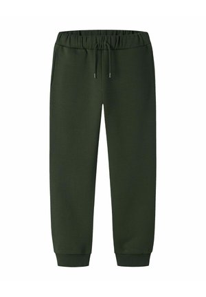 Dunkelgrüne Jogginghosen mit elastischem Bund, verstellbarem Kordelzug, Seitentaschen und elastischen Bündchen an den Knöcheln.