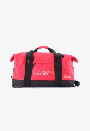 Red and black duffel bag with a top handle, adjustable black straps, and text "THIS BAG HAS PURPOSE." from National Geographic.