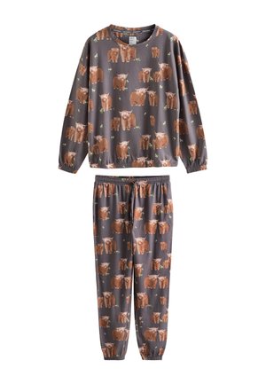 Kinder set met een longsleeve en broek in grijs met een all-over bruine Schotse hooglanderprint en kleine witte bloemen.