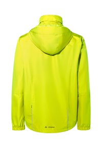 Gele waterdichte jas met een capuchon, elastische manchetten en reflecterende accenten. Soepele textuur, ontworpen voor zichtbaarheid en bescherming buitenshuis.