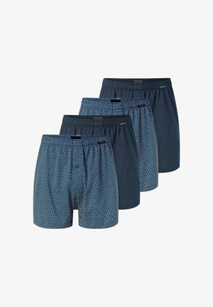 Four pairs of men's boxers: two navy solid, two with blue diamond pattern. Each features an elastic waistband and button fly.