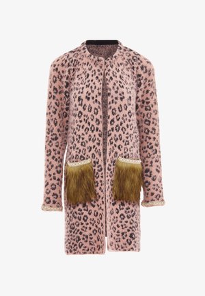 Rózsaszín leopárdmintás kardigán, hosszú ujjakkal, műszőrme zsebekkel és csipkés díszítéssel az élein. Texturált, puha anyag.