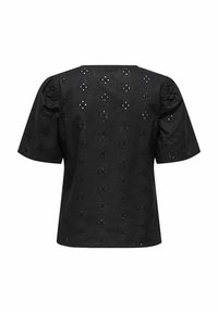 Schwarzes Baumwolloberteil mit kurzen Puffärmel, verziert mit gestickten Blumenmustern und durchbrochenen Details. Rundhalsausschnitt und lockere Passform.