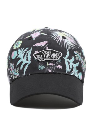 Schwarze Baseballkappe mit pastellfarbenen Blumenmustern und einem "Vans Off The Wall" Skateboard-Logo-Patch auf der Vorderseite.