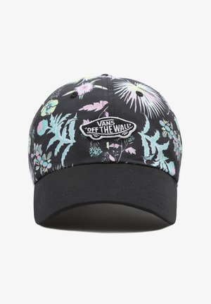 Czarna czapka bejsbolowa z pastelowymi wzorami kwiatowymi oraz naszywką z logo deskorolki "Vans Off The Wall" z przodu.