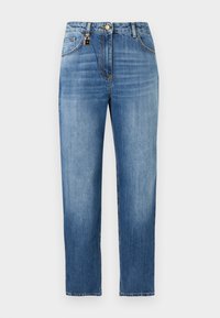 Μπλε τζιν από denim με ίσια γραμμή, διαθέτει κούμπωμα με κουμπί, θηλιές για ζώνη και μπροστινές τσέπες. Υποψία ξεθωριάσματος στο ύφασμα.