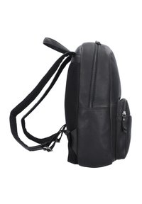 Sac à dos en cuir noir avec une forme arrondie, une surface texturée, des sangles en mesh et plusieurs poches zippées pour le rangement.