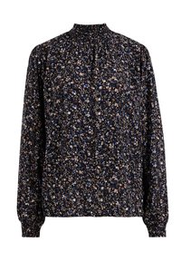 Blus med långa ärmar och hög smockad halsringning, mörk blommönstrad med blå, vit och brun på en marin bakgrund, samt elastiska ärmavslut.