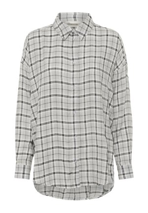 Overhemd met lange mouwen en knopen, zwart-grijs geruit patroon, puntige kraag en afgeronde zoom, gepresenteerd op een witte achtergrond.