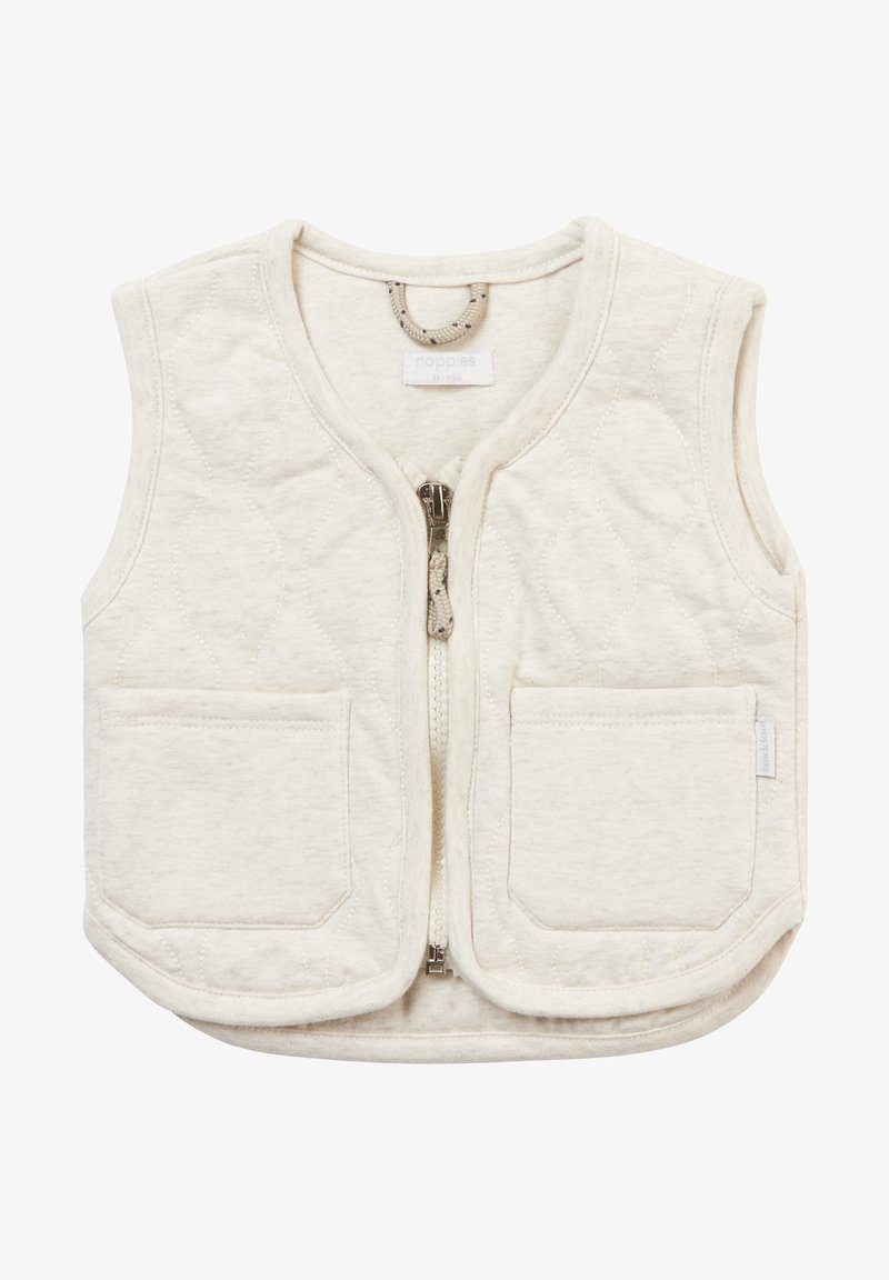Beige prošívaná vesta vyrobená z měkké látky, se zapínáním na zip vpředu a dvěma předními kapsami, zakulaceným lemem a štítkem na boku.
