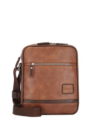 Brown leather crossbody bag with front zip pocket, adjustable dark brown strap, and embossed brand patch on lower right corner.