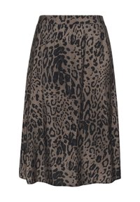 Leopard print skirt in brown and black, featuring a flared design, smooth texture, and elastic waistband. Mid-length with a flowing silhouette.
