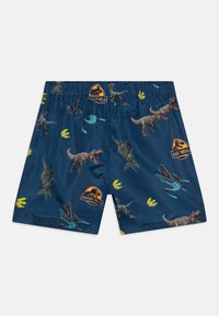 Pantaloncini da nuoto blu con stampa di dinosauri che presenta varie specie, segni di artigli e il logo di Jurassic World, realizzati in tessuto leggero e ad asciugatura rapida.