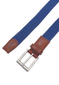 Geflochtener blauer elastischer Gürtel mit einem braunen Lederakzent und einer Metallschnalle. Mit einem eingeprägten Logo am Lederende.