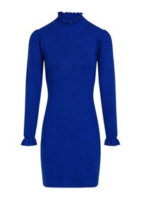 Vestido de punto azul de manga larga con cuello alto acampanado y puños con volantes, silueta ajustada, hasta la rodilla.