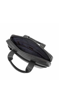 Črna torba iz usnja z zadrgo, temno tkaninsko notranjostjo in več notranjimi žepi za organizirano shranjevanje.